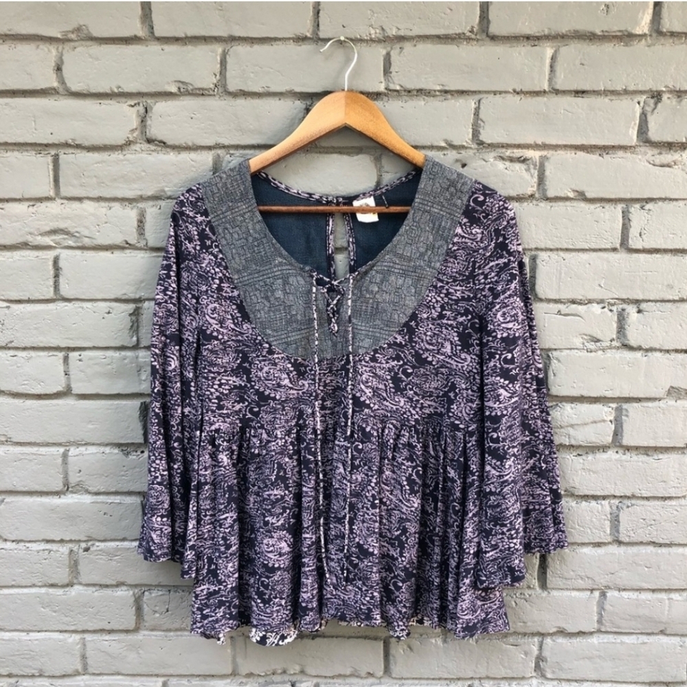 Akemi & Kin Boho Denim Blue Crochet Neckline with Flare Sleeve Tunic Top